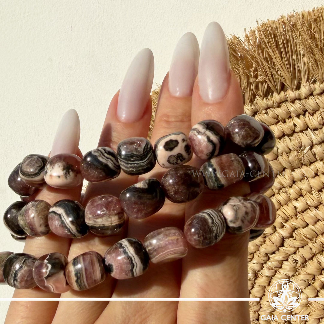 Rhodochrosite Crystal Bracelet made with genuine natural gemstone beads, available online at Gaia Center Crystal Shop Cyprus. Authentic Rhodochrosite bracelet for self-love, emotional healing, compassion, joy, heart chakra balance and spiritual wellbeing with Cyprus-wide delivery.