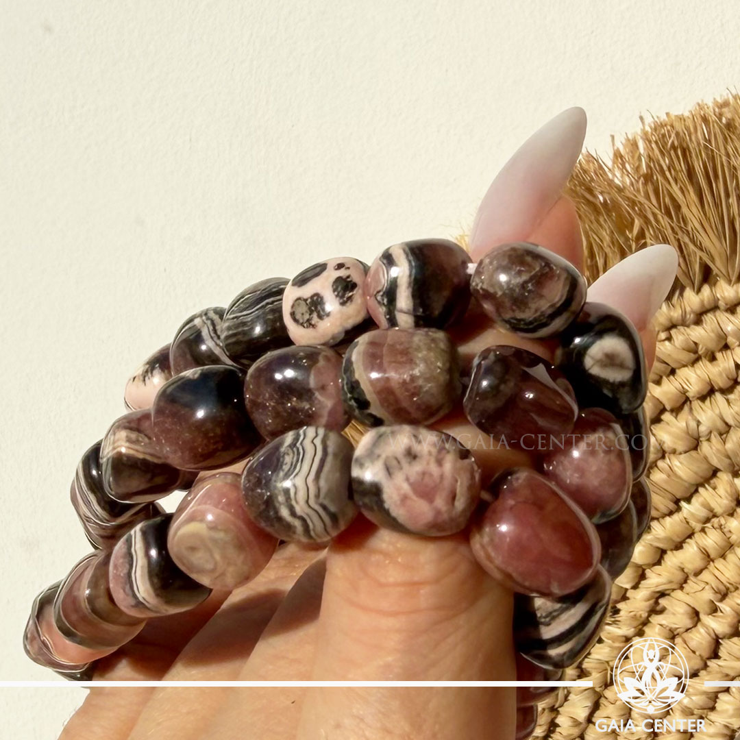 Rhodochrosite Crystal Bracelet made with genuine natural gemstone beads, available online at Gaia Center Crystal Shop Cyprus. Authentic Rhodochrosite bracelet for self-love, emotional healing, compassion, joy, heart chakra balance and spiritual wellbeing with Cyprus-wide delivery.