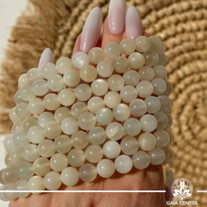 Moonstone Crystal Bracelet made with genuine natural gemstone beads featuring a beautiful natural sheen, available online at Gaia Center Crystal Shop Cyprus. Authentic Moonstone bracelet for intuition, emotional balance, feminine energy, new beginnings and spiritual wellbeing with Cyprus-wide delivery.