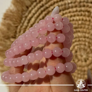 Rose Quartz Crystal Bracelet made with genuine natural gemstone beads, available online at Gaia Center Crystal Shop Cyprus. Authentic Rose Quartz bracelet for love, compassion, emotional healing, self-love, heart chakra balance and spiritual wellbeing with Cyprus-wide delivery.