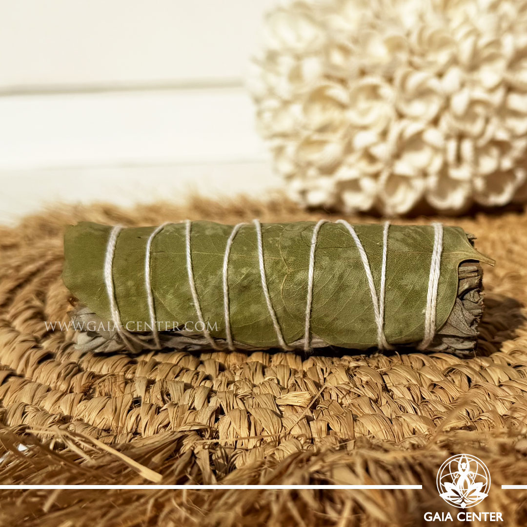 White Sage with Eucalyptus Smudge Stick handcrafted from natural herbs, available online at Gaia Center Crystal Shop Cyprus. Ideal for energy cleansing, meditation, relaxation, space clearing and spiritual wellness with Cyprus-wide delivery.
