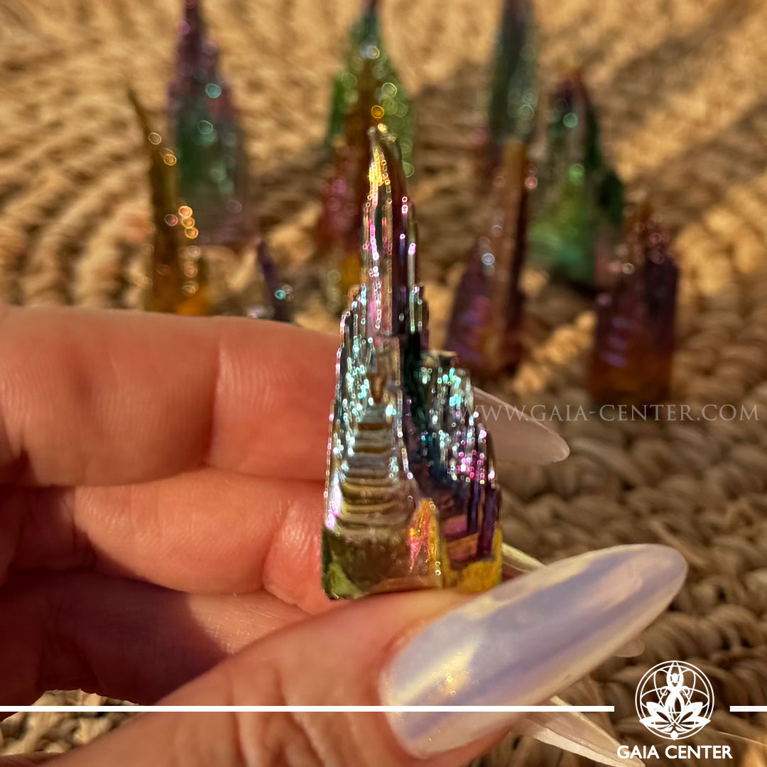 Bismuth Pyramid crystal with iridescent rainbow colours – GAIA CENTER crystal shop Cyprus