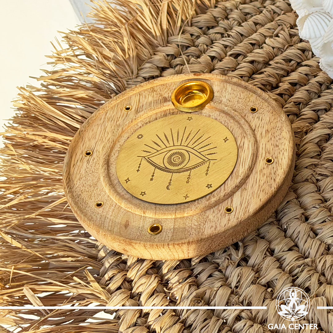 Wooden Incense Holder - All-seeing Eye Round Ash Catcher - Aroma incense burners selection at Gaia Center Crystal Incense Shop in Cyprus. Order online, Cyprus islandwide delivery