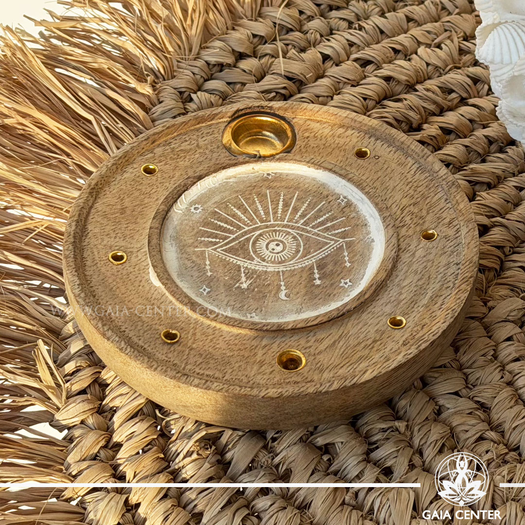 Wooden Incense Holder - All-seeing Eye Round Ash Catcher - Aroma incense burners selection at Gaia Center Crystal Incense Shop in Cyprus. Order online, Cyprus islandwide delivery