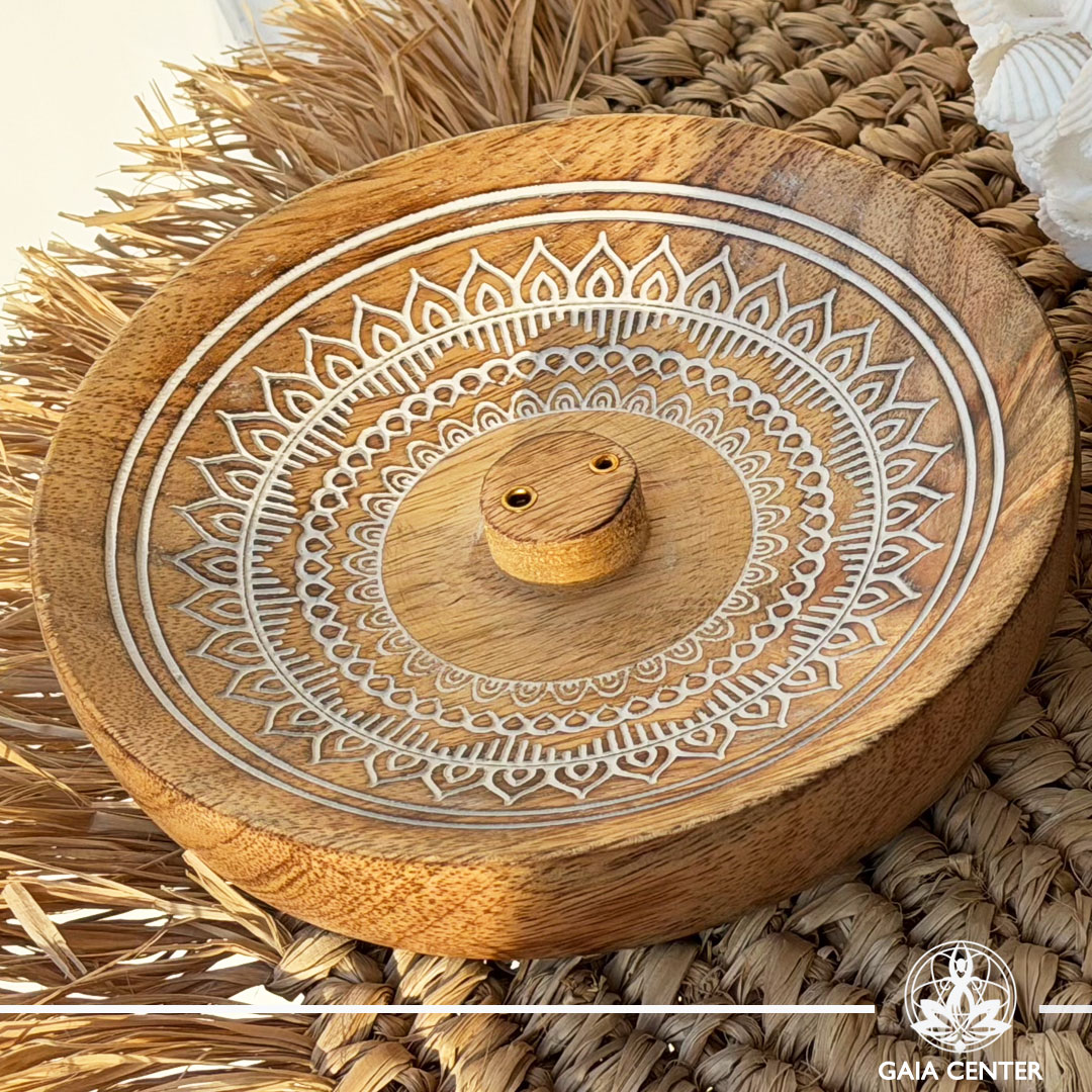 Incense Holder Mango Wood Mandala Design Ash Catcher - Incense burners selection at Gaia Center Crystal Incense Shop in Cyprus. Order online, Cyprus islandwide delivery