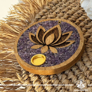 Wooden Incense Holder - Amethyst Lotus Round Ash Catcher - Aroma incense burners selection at Gaia Center Crystal Incense Shop in Cyprus. Order online, Cyprus islandwide delivery