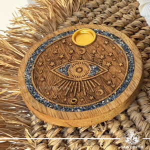 Wooden Incense Holder - Sodalite All-seeing Eye Round Ash Catcher - Aroma incense burners selection at Gaia Center Crystal Incense Shop in Cyprus. Order online, Cyprus islandwide delivery