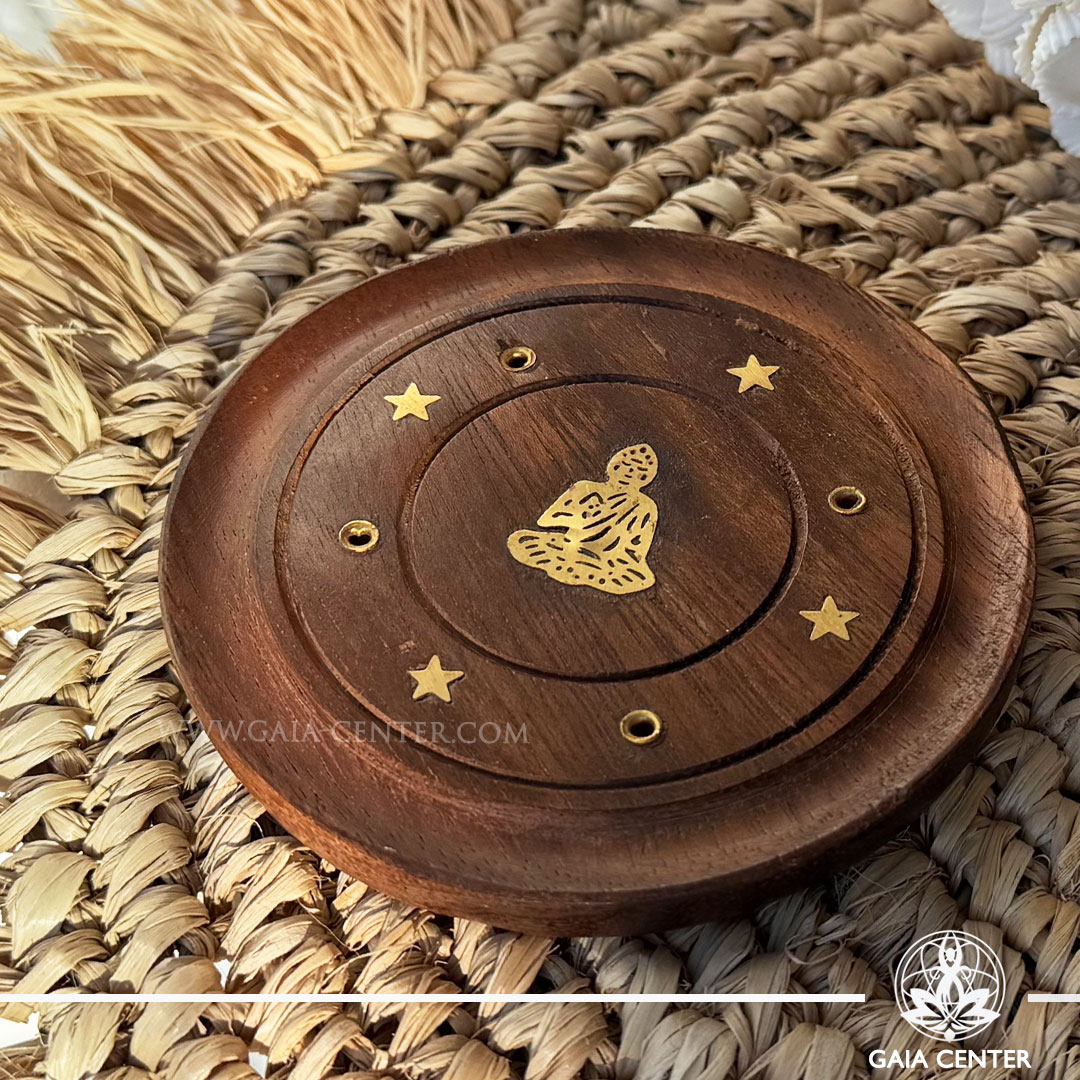 Incense Circular Holder Wood Round Ash Catcher - Buddha. Holds four aroma incense sticks and. Made from wood with artistic design. Incense burners selection at Gaia Center Crystal Incense Shop in Cyprus. Order online, Cyprus islandwide delivery: Limassol, Larnaca, Nicosia, Paphos. Europe and worldwide shipping.