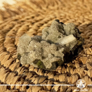 Natural green apophyllite crystal cluster with a stalactite druze formation, available at a crystal shop in Cyprus.